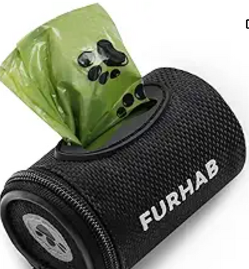 FURHAB Dog Poop Bag Holder for Leash Doggie Waste Bag Dispenser Soft Fabric Puppy Potty Carrier Small Doggy Zipper Pouch with Carabiner Clip with 1 Roll of Pet Trash Bags, Black